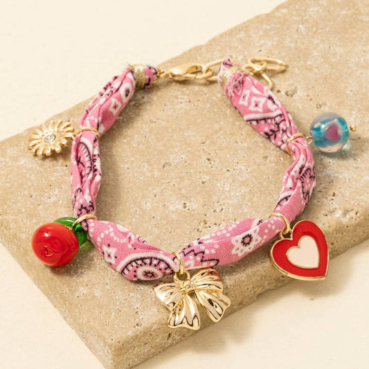 Flower Bow Heart Cherry Charms Bandana Bracelet