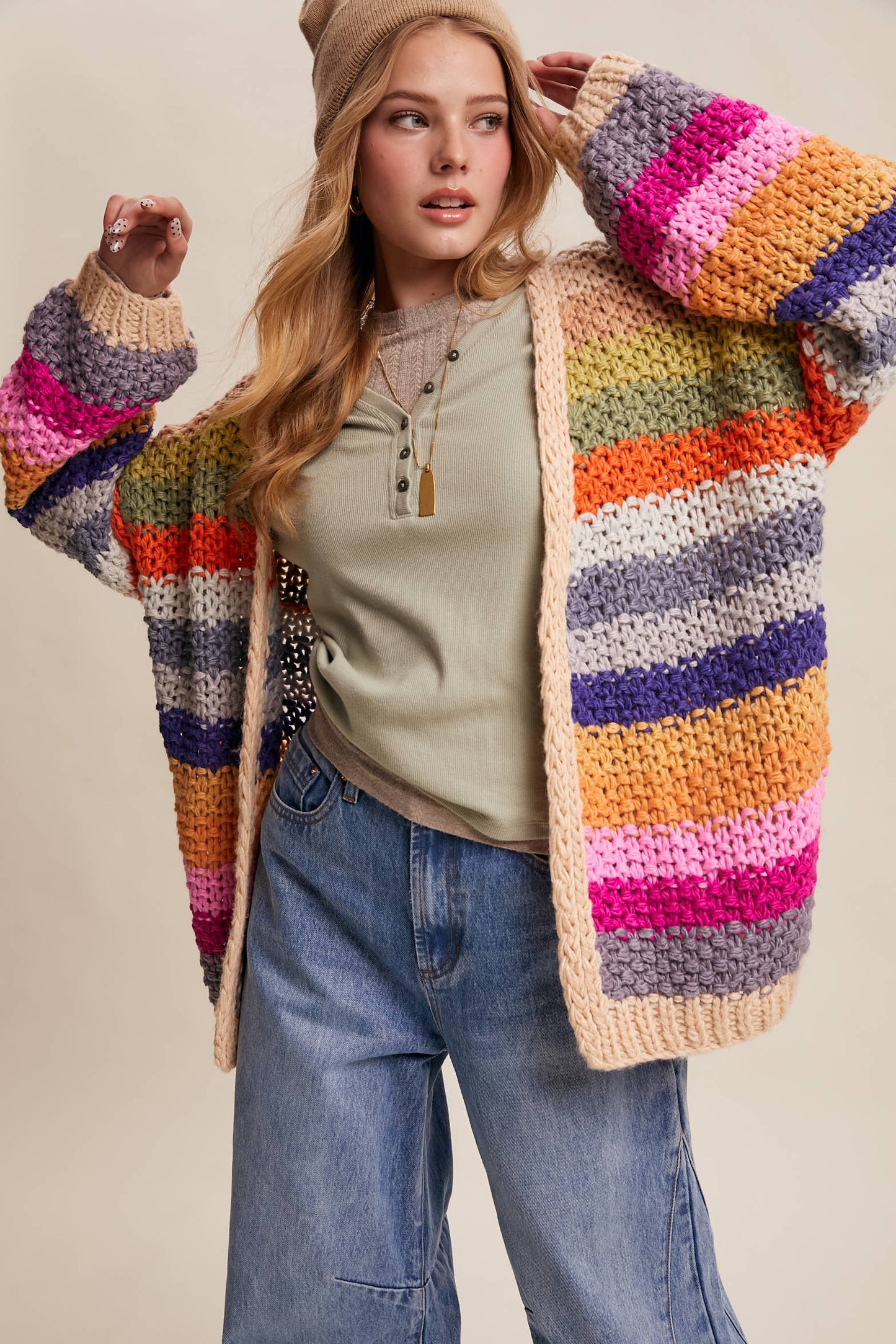Rainbow Hand-Crochet Open oversized Cardigan