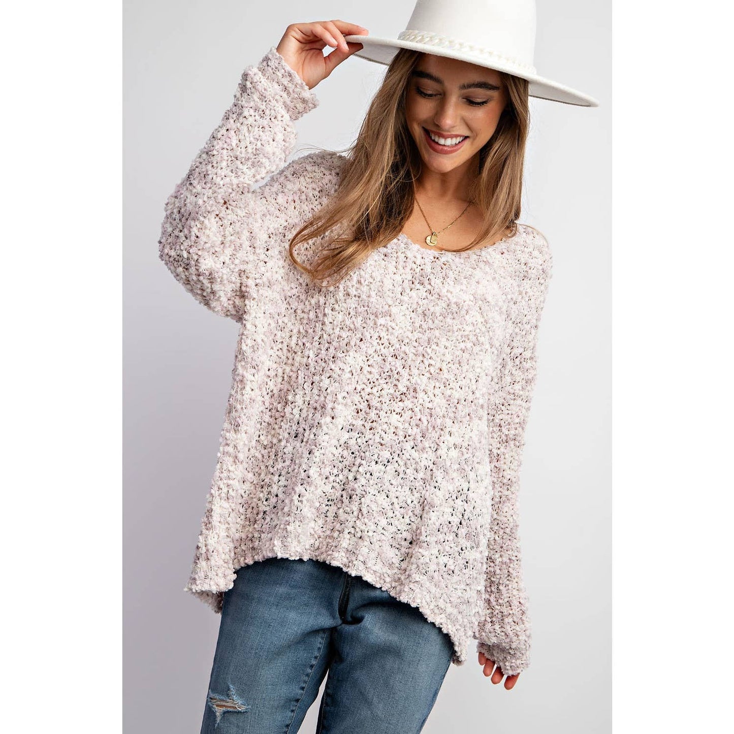Heart You loose popcorn knit sweater pullover