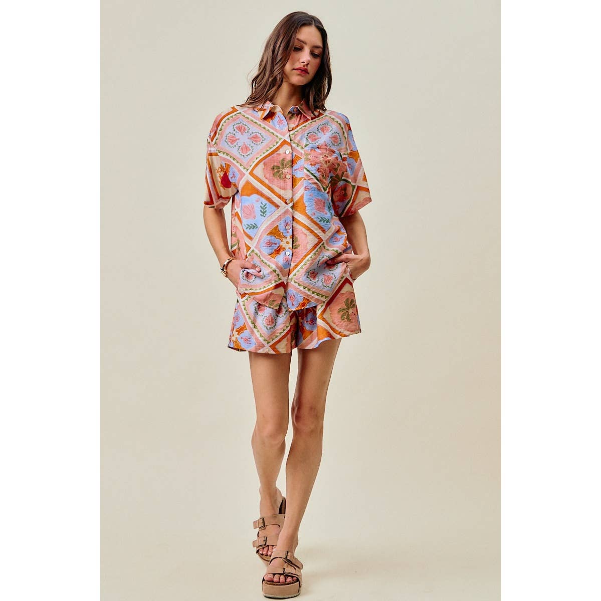 Frankie tropical print button down top
