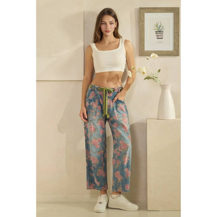 Oli & Hali washed floral print barrel jeans