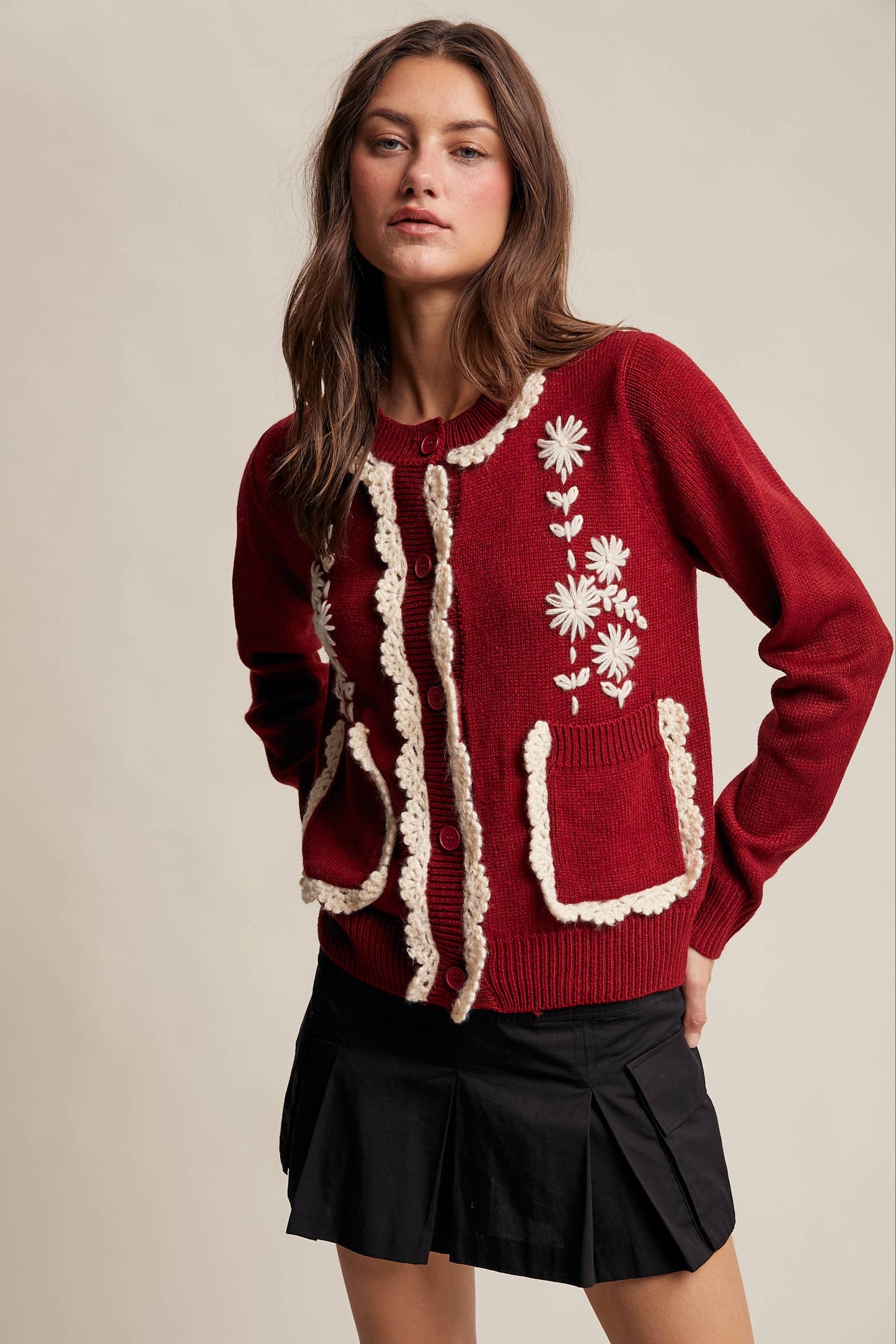 Daisy Embroidered Trim Cardigan Sweater