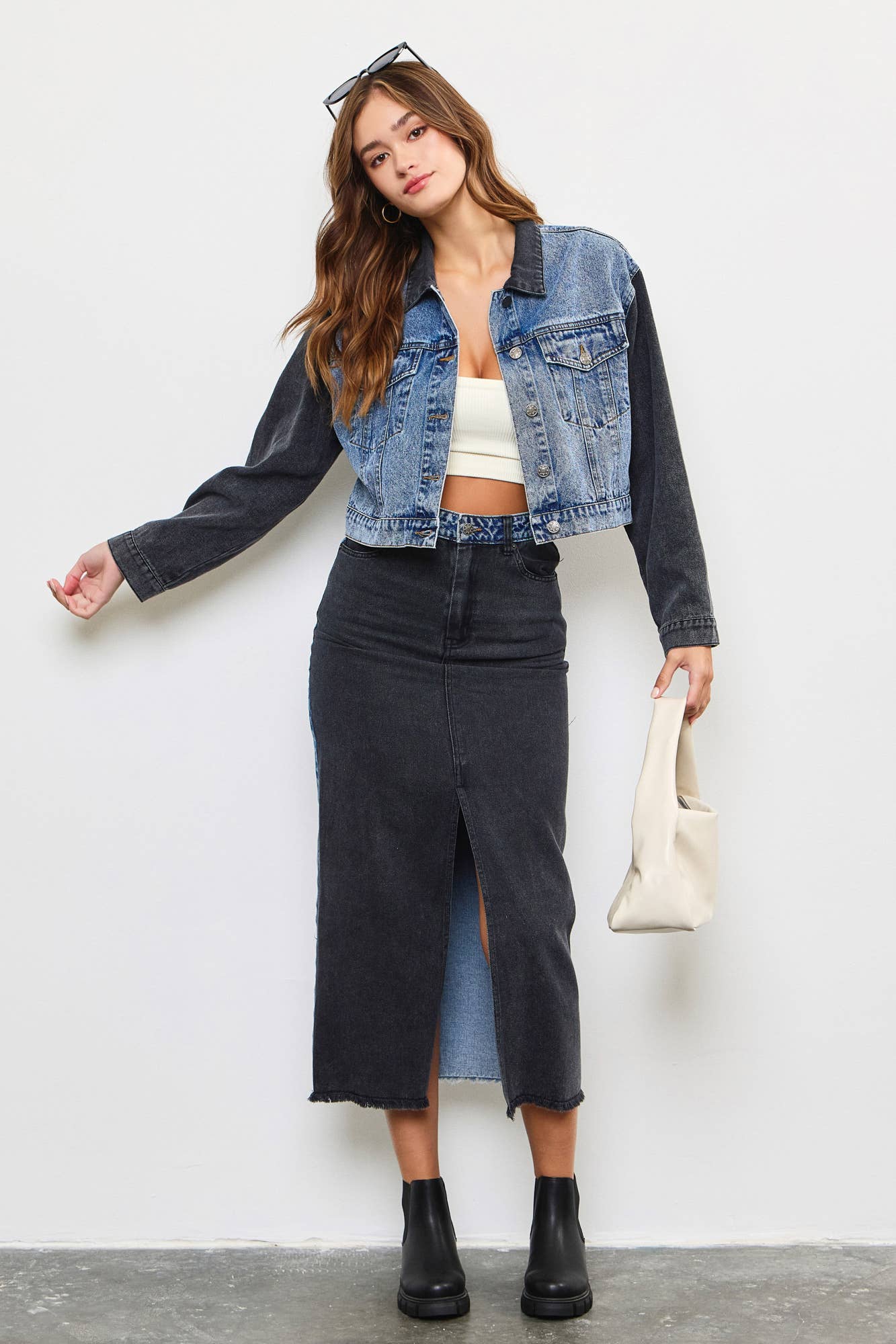 Suzy Front slit two tone denim skirt