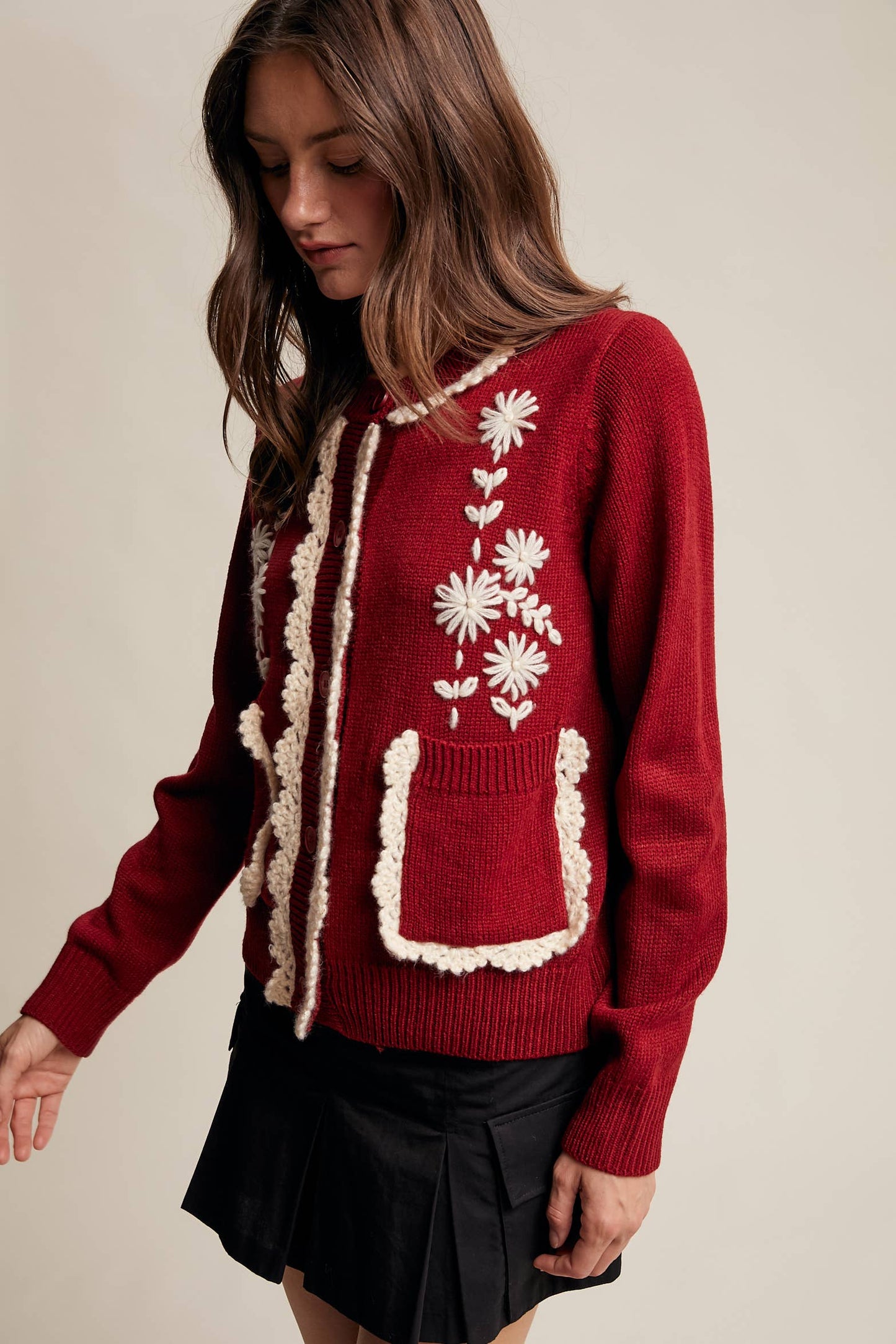 Daisy Embroidered Trim Cardigan Sweater
