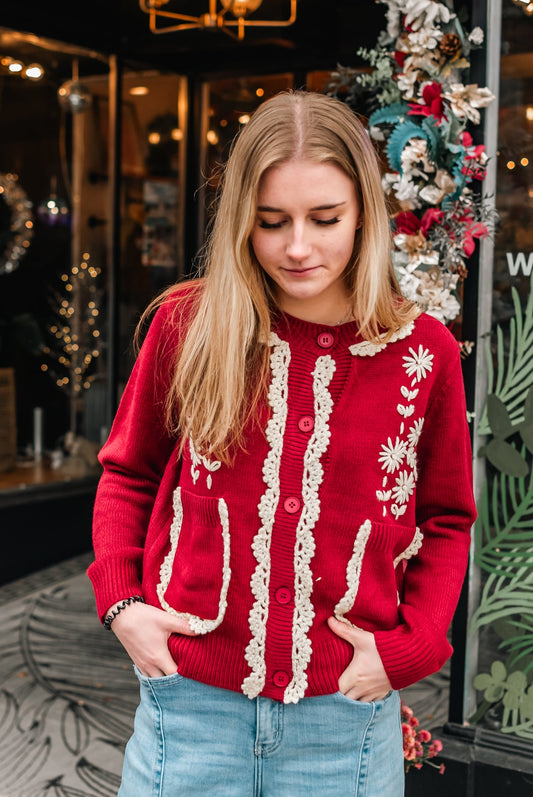 Daisy Embroidered Trim Cardigan Sweater