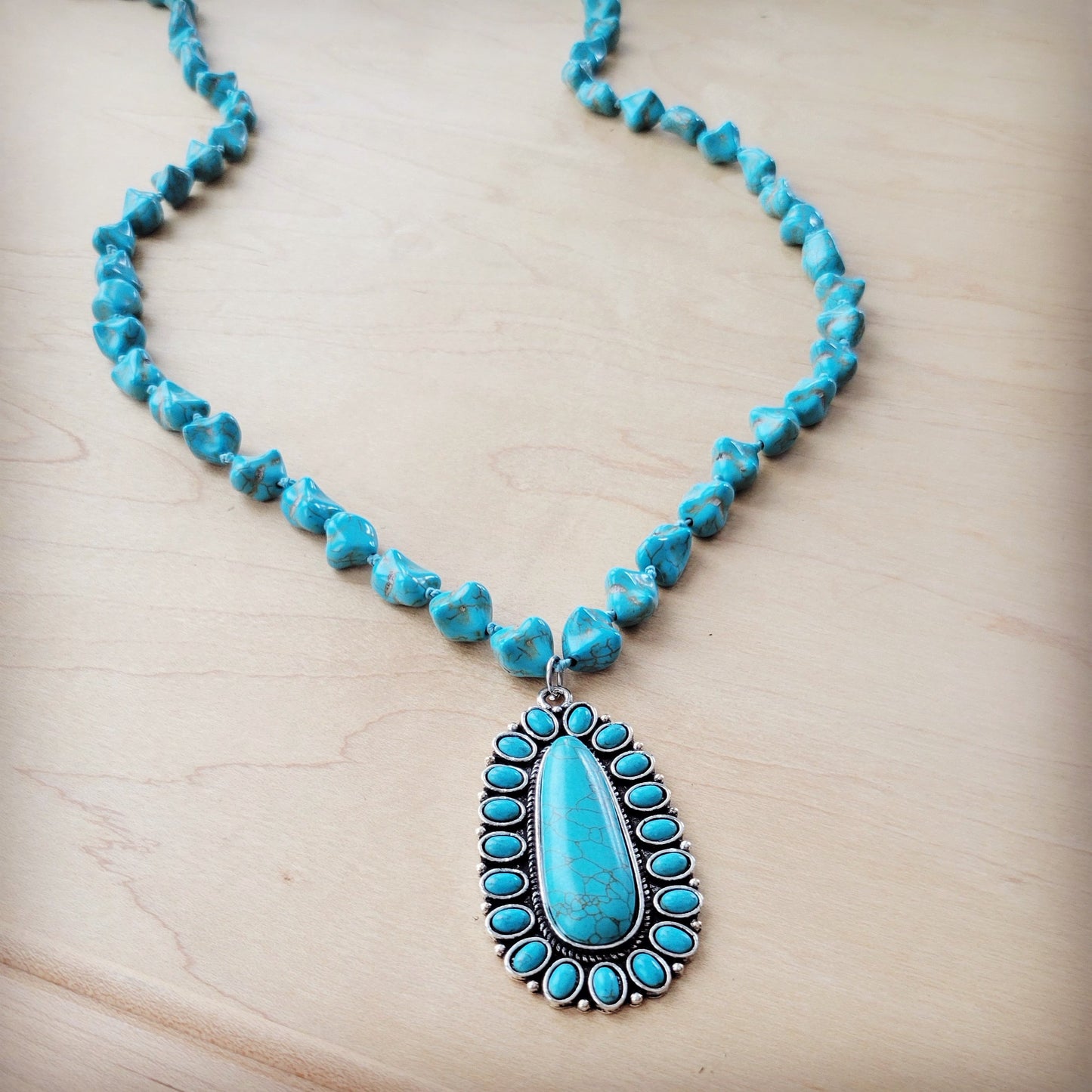 ONLINE EXCLUSIVE Long Western Turquoise Beaded Necklace w/ Squash Blossom Pendant 261w