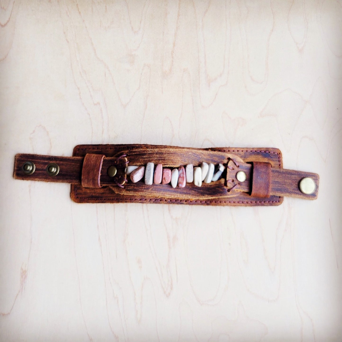 ONLINE EXCLUSIVE Genuine Leather Cuff with Aqua Terra Gemstone Chunks 005e