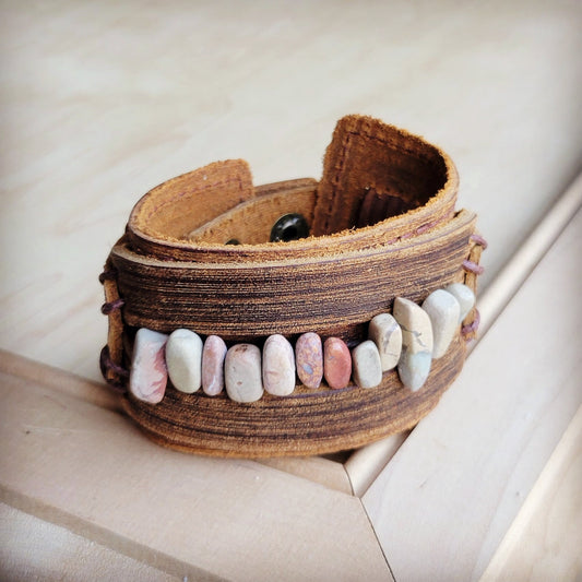 ONLINE EXCLUSIVE Genuine Leather Cuff with Aqua Terra Gemstone Chunks 005e