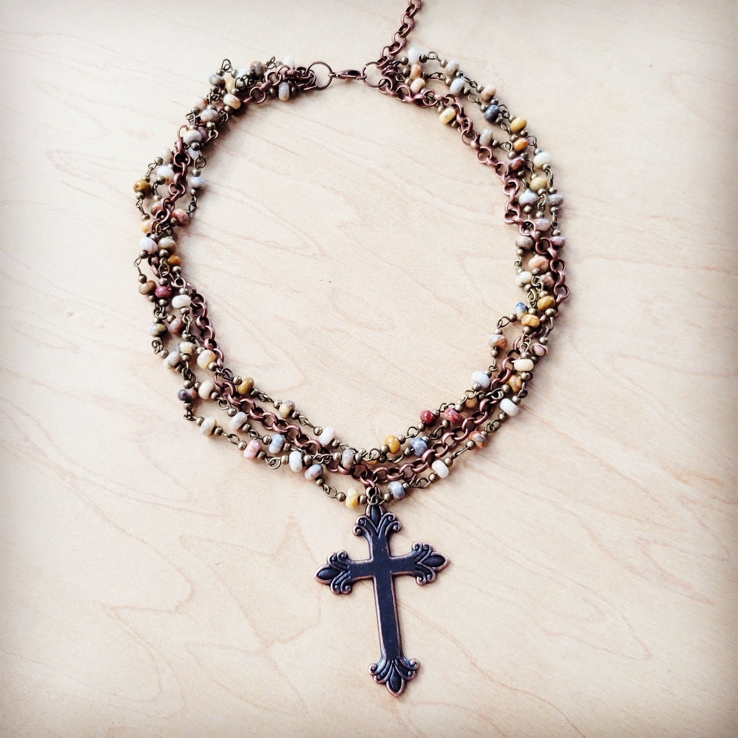 ONLINE EXCLUSIVE Natural Agate Beaded Collar Necklace w/ Cross Pendant 261d