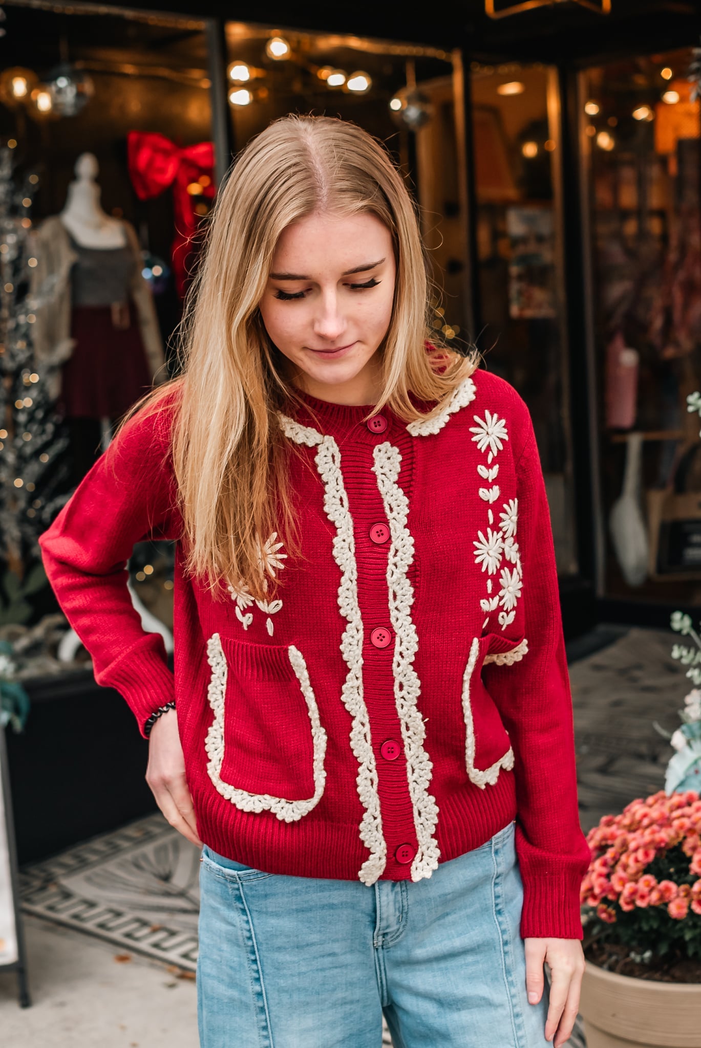 Daisy Embroidered Trim Cardigan Sweater