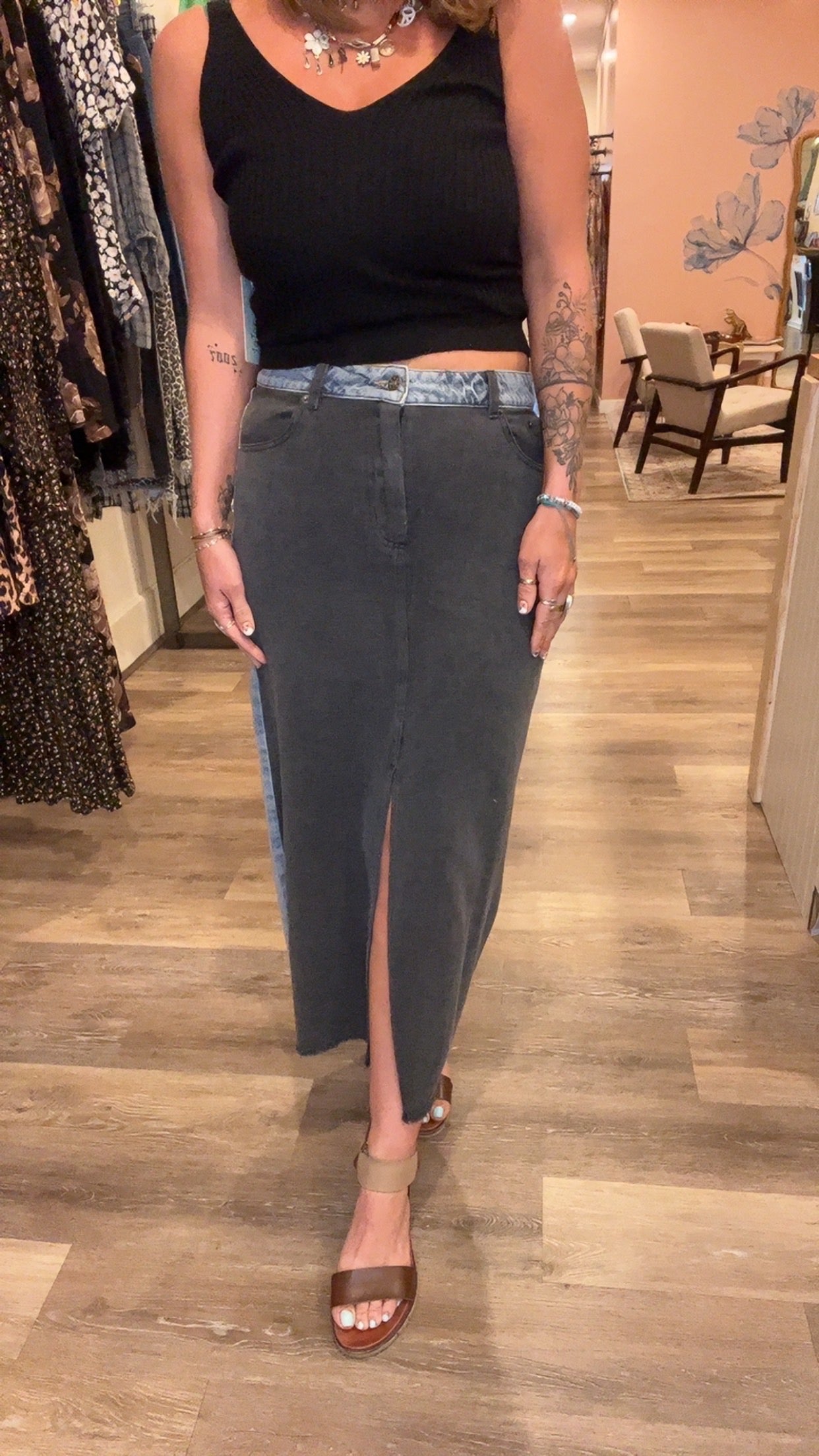 Suzy Front slit two tone denim skirt