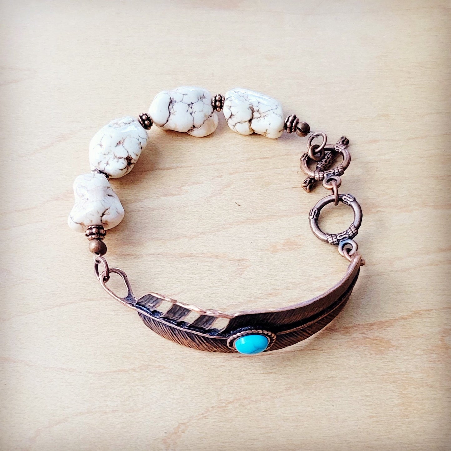 ONLINE EXCLUSIVE White Chunky Turquoise Beaded Bracelet on Copper Feather 810s