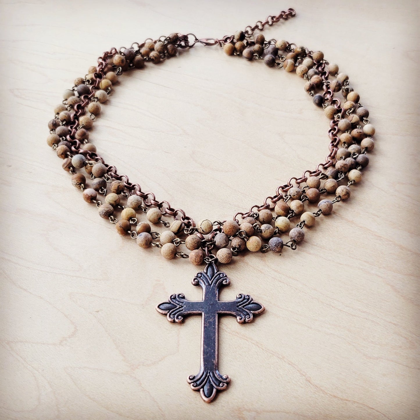 ONLINE EXCLUSIVE Picture Jasper Beaded Collar Necklace w/ Cross Pendant 261b