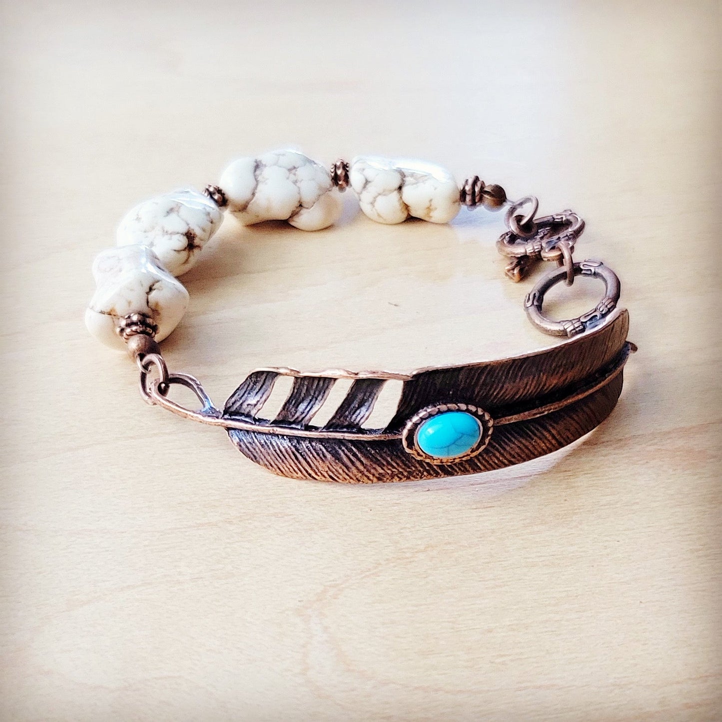 ONLINE EXCLUSIVE White Chunky Turquoise Beaded Bracelet on Copper Feather 810s