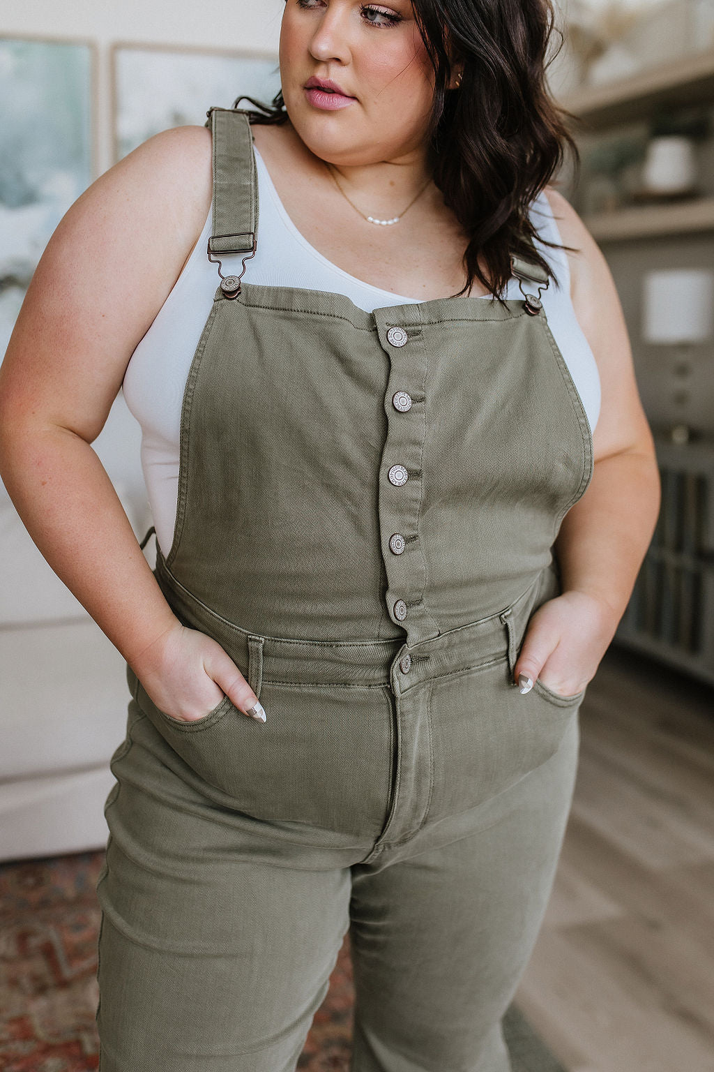 ONLINE EXCLUSIVE JUDY BLUE Olivia Control Top Release Hem Overalls in Olive