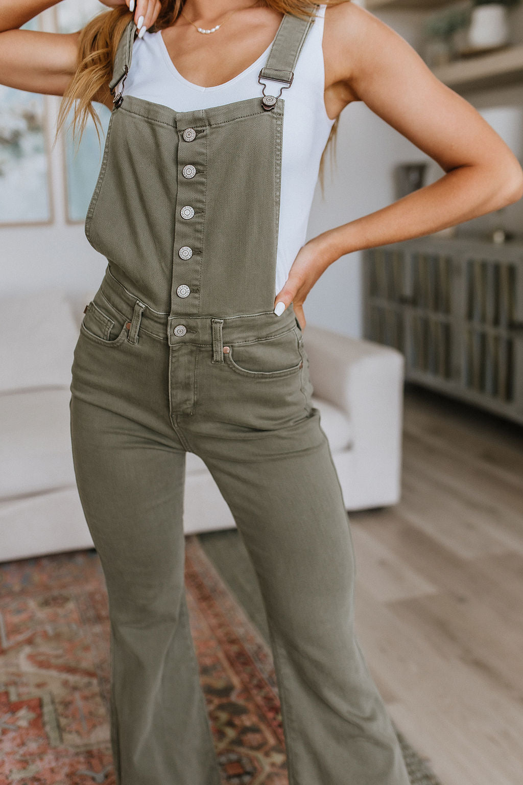 ONLINE EXCLUSIVE JUDY BLUE Olivia Control Top Release Hem Overalls in Olive