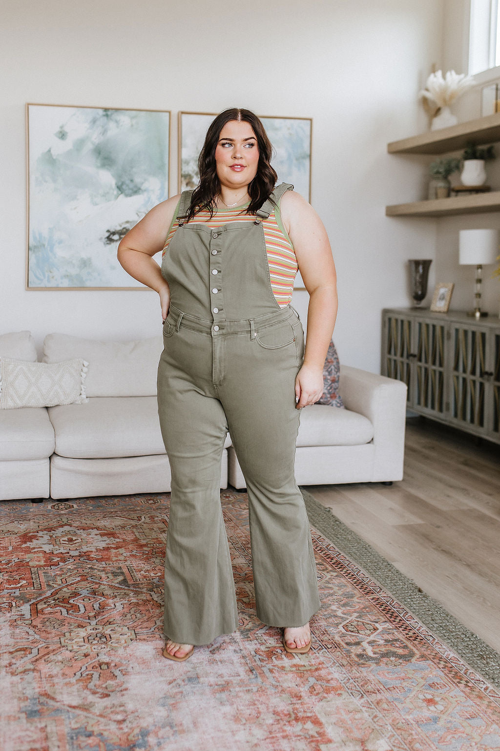 ONLINE EXCLUSIVE JUDY BLUE Olivia Control Top Release Hem Overalls in Olive