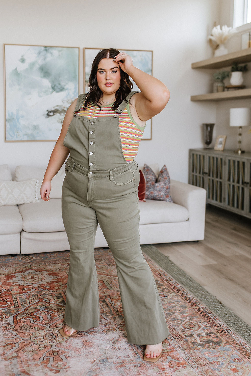 ONLINE EXCLUSIVE JUDY BLUE Olivia Control Top Release Hem Overalls in Olive