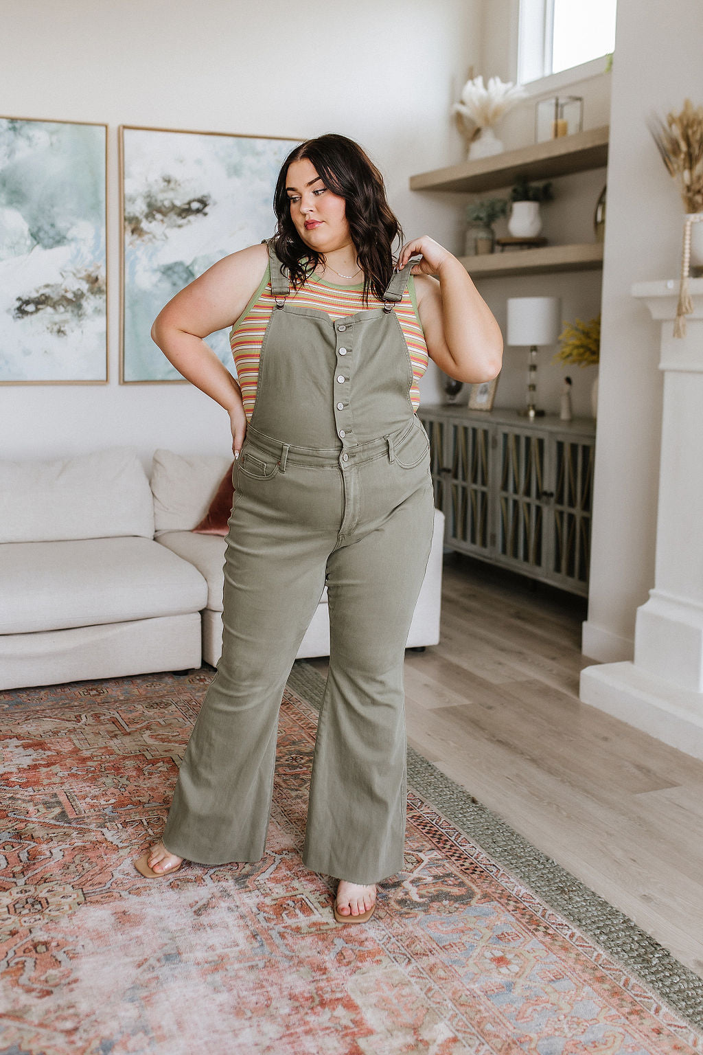 ONLINE EXCLUSIVE JUDY BLUE Olivia Control Top Release Hem Overalls in Olive