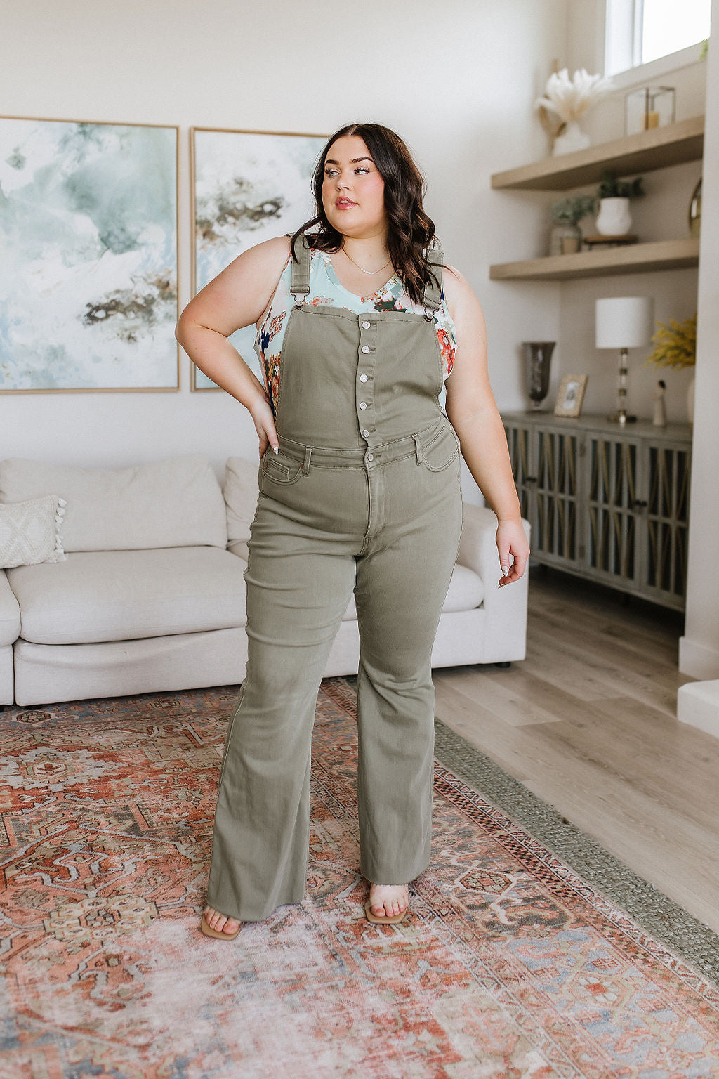 ONLINE EXCLUSIVE JUDY BLUE Olivia Control Top Release Hem Overalls in Olive