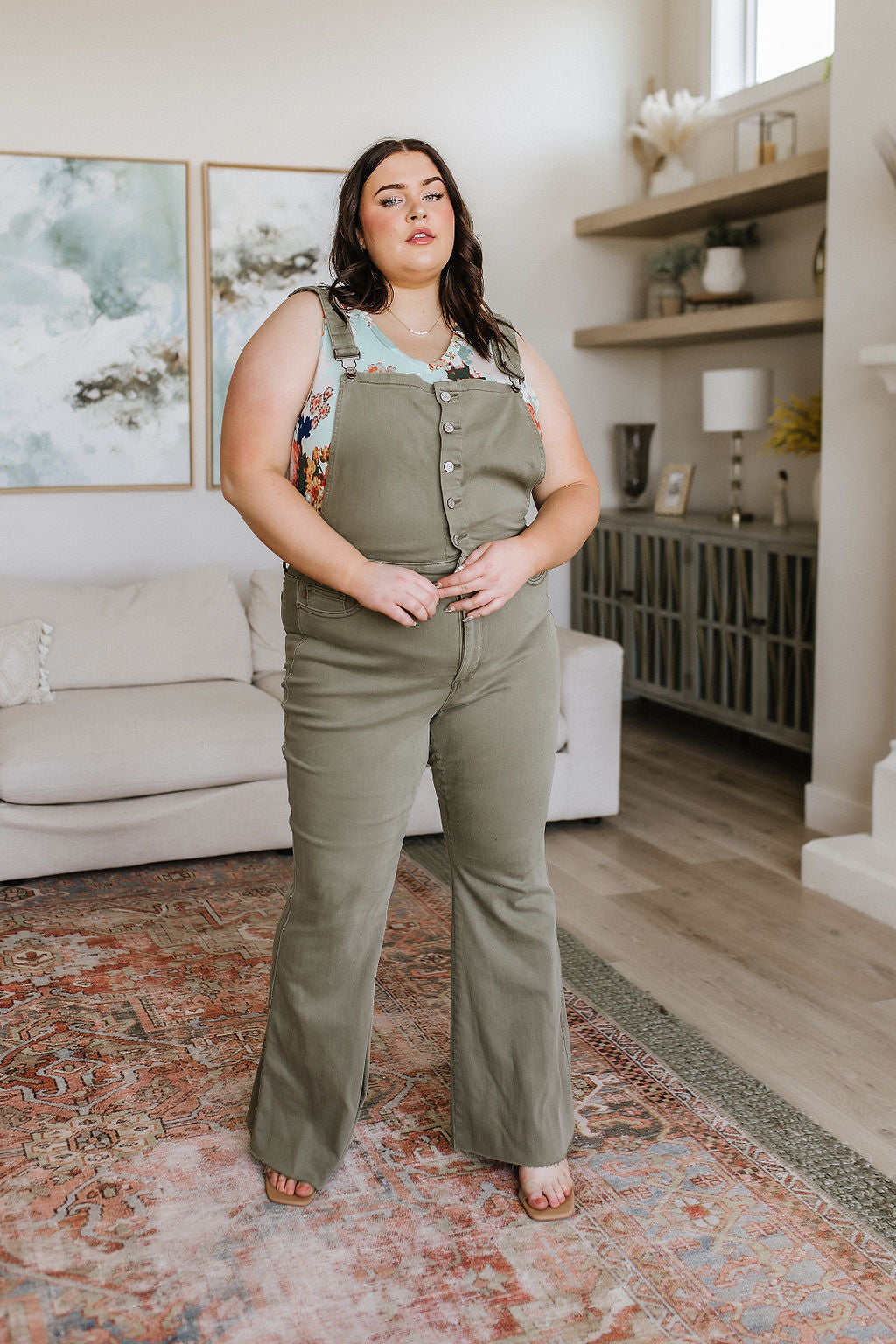 ONLINE EXCLUSIVE JUDY BLUE Olivia Control Top Release Hem Overalls in Olive