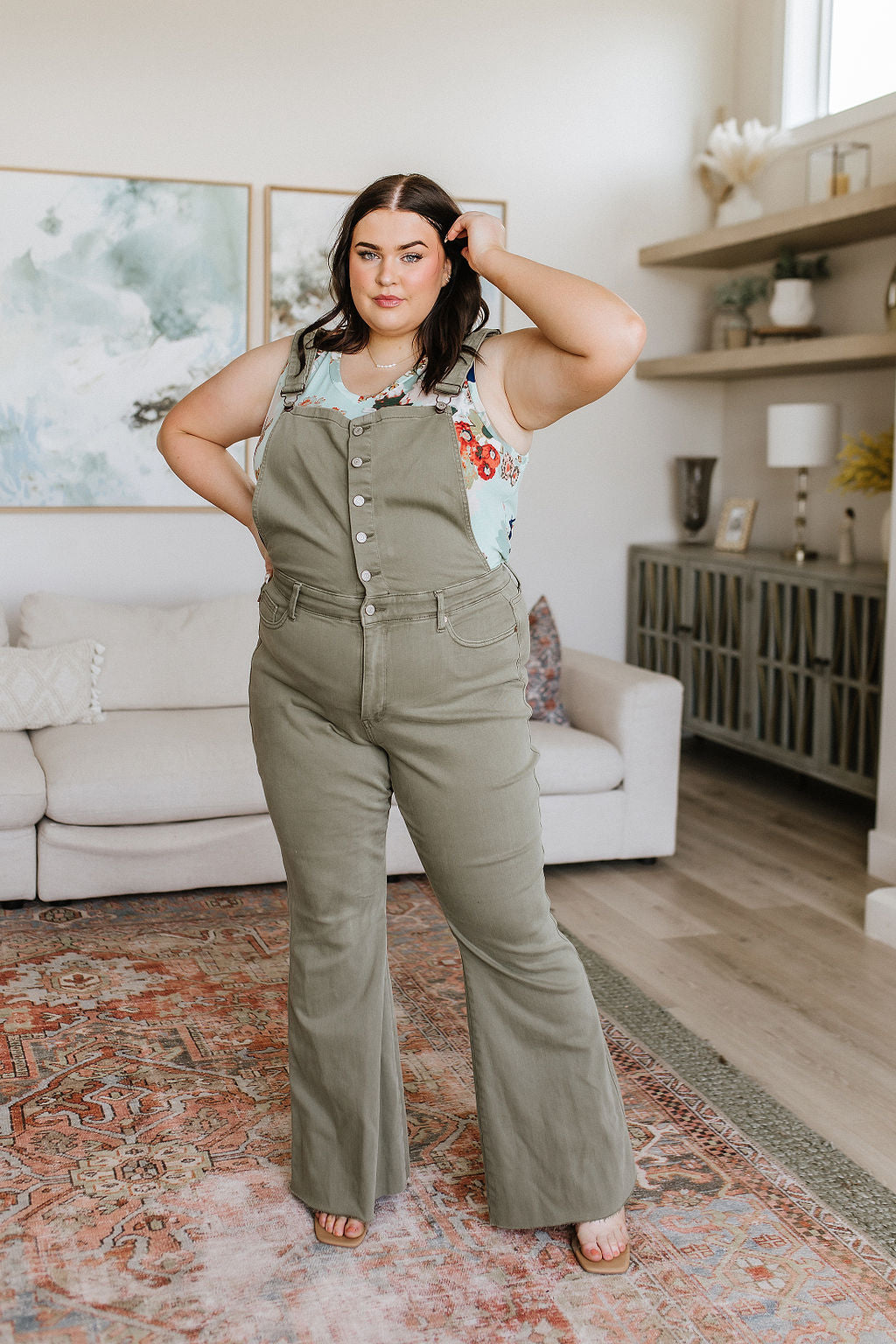 ONLINE EXCLUSIVE JUDY BLUE Olivia Control Top Release Hem Overalls in Olive