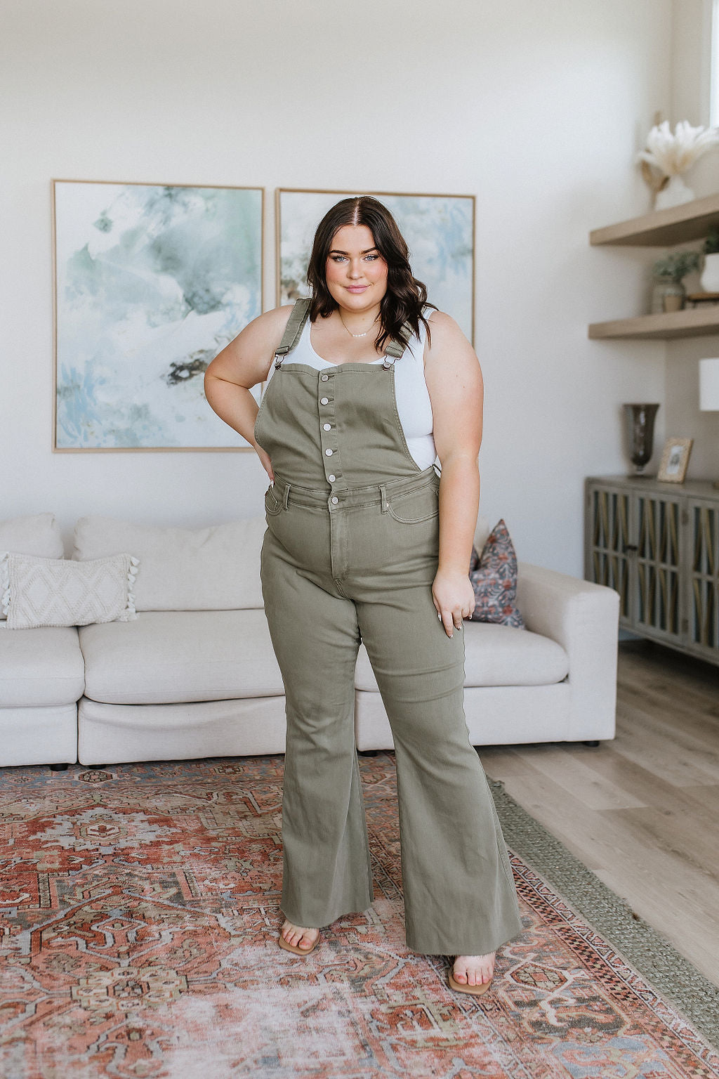 ONLINE EXCLUSIVE JUDY BLUE Olivia Control Top Release Hem Overalls in Olive