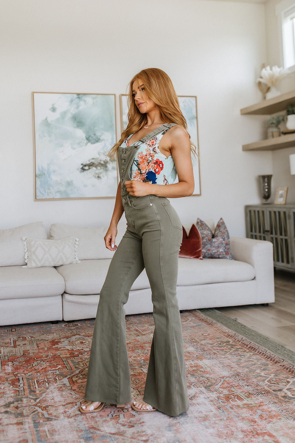 ONLINE EXCLUSIVE JUDY BLUE Olivia Control Top Release Hem Overalls in Olive