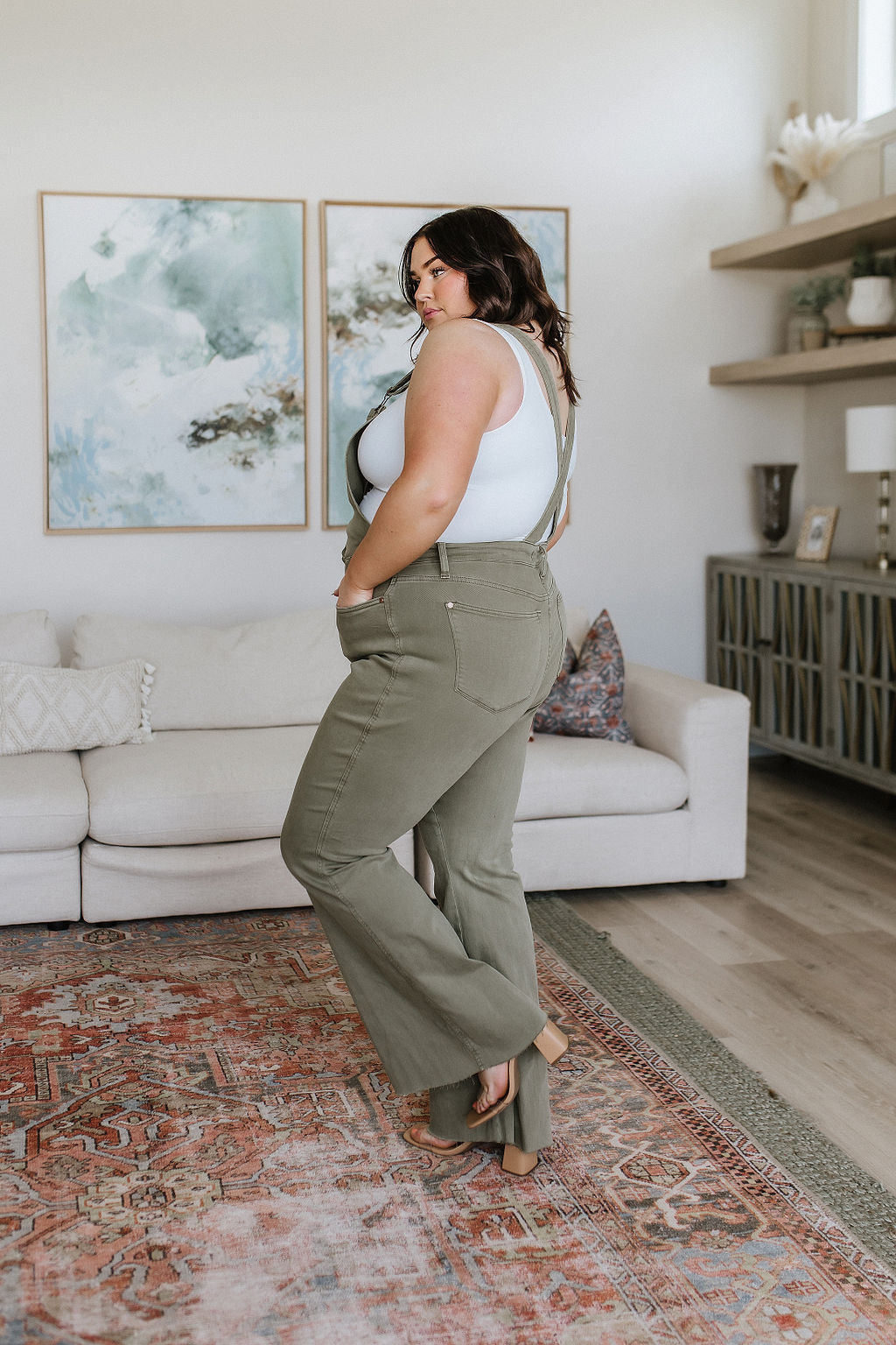 ONLINE EXCLUSIVE JUDY BLUE Olivia Control Top Release Hem Overalls in Olive