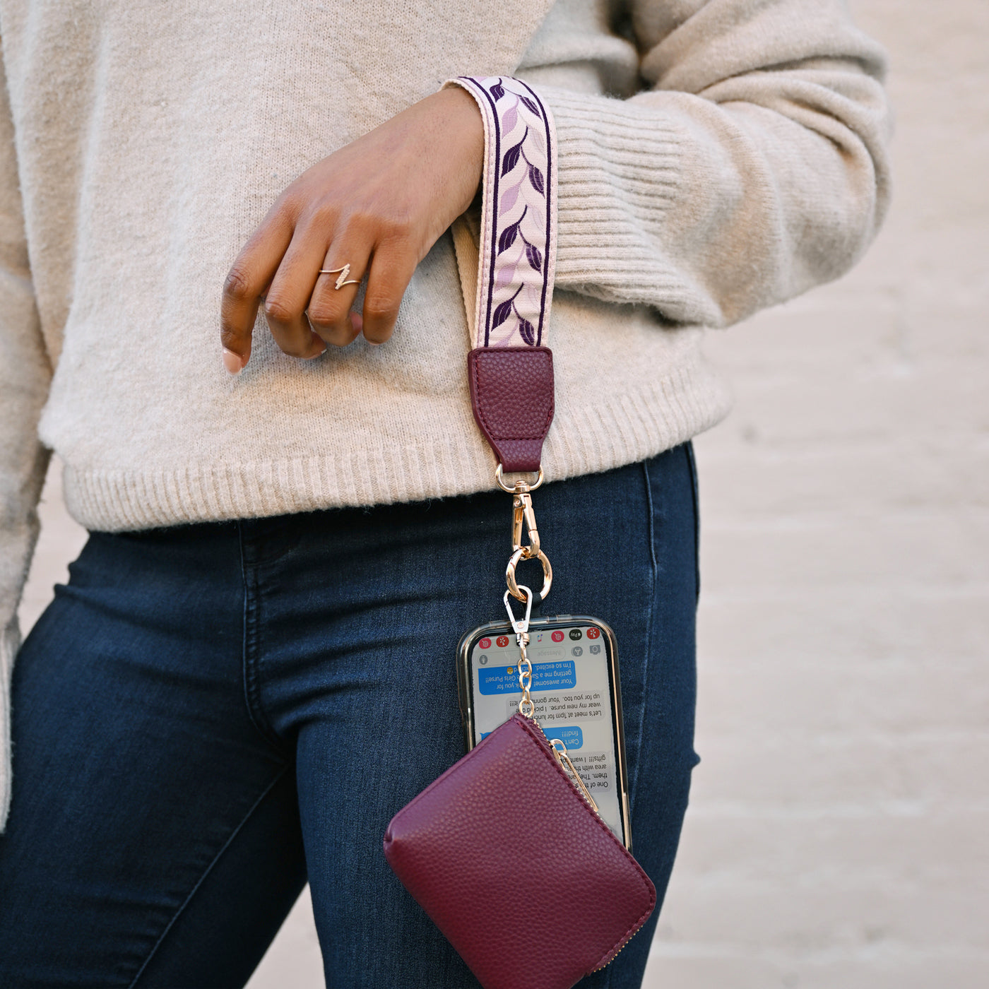 ONLINE EXCLUSIVE Save the Girls Clip & Go Strap Phone w/RFID Pouch Leaf Pattern