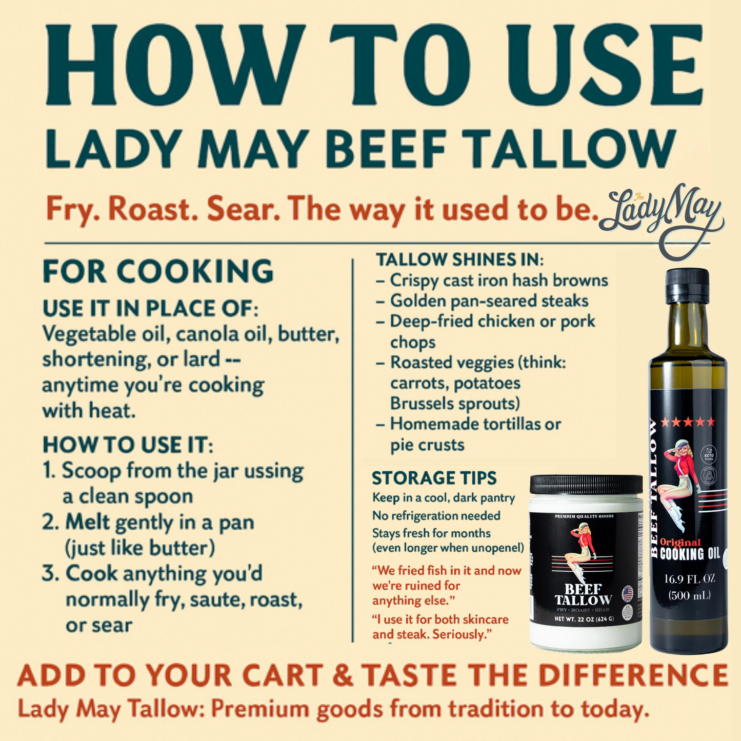 ONLINE EXCLUSIVE Lady May Tallow Cooking Oil Trio Bundle | Grass-Fed Beef Tallow & Olive Oil | Original, Rosemary Garlic & Lemon Pepper | Clean High-Heat Cooking from Our Restaurant Kitchen