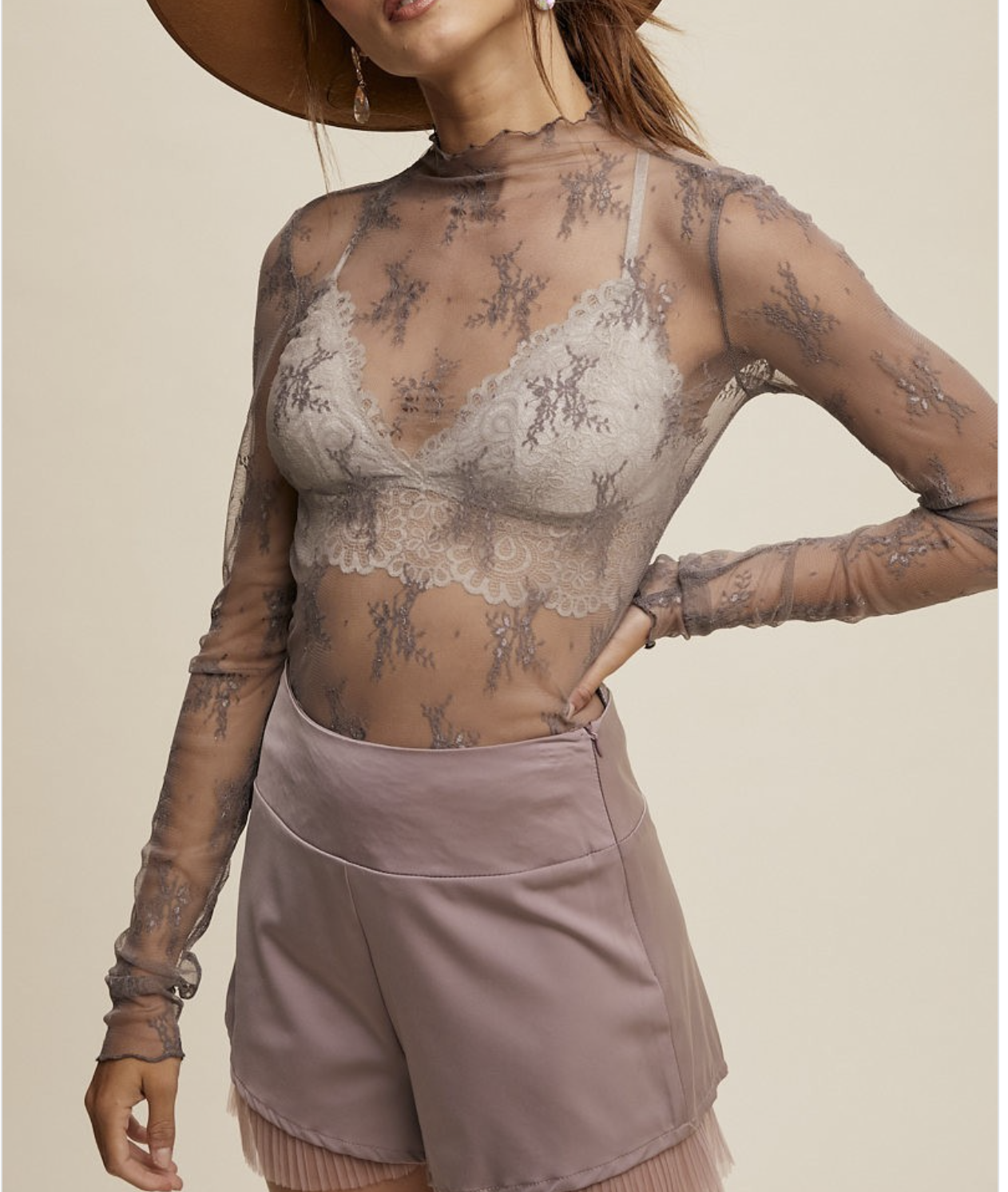 Lady Lux Layering Floral mesh Top-Grey