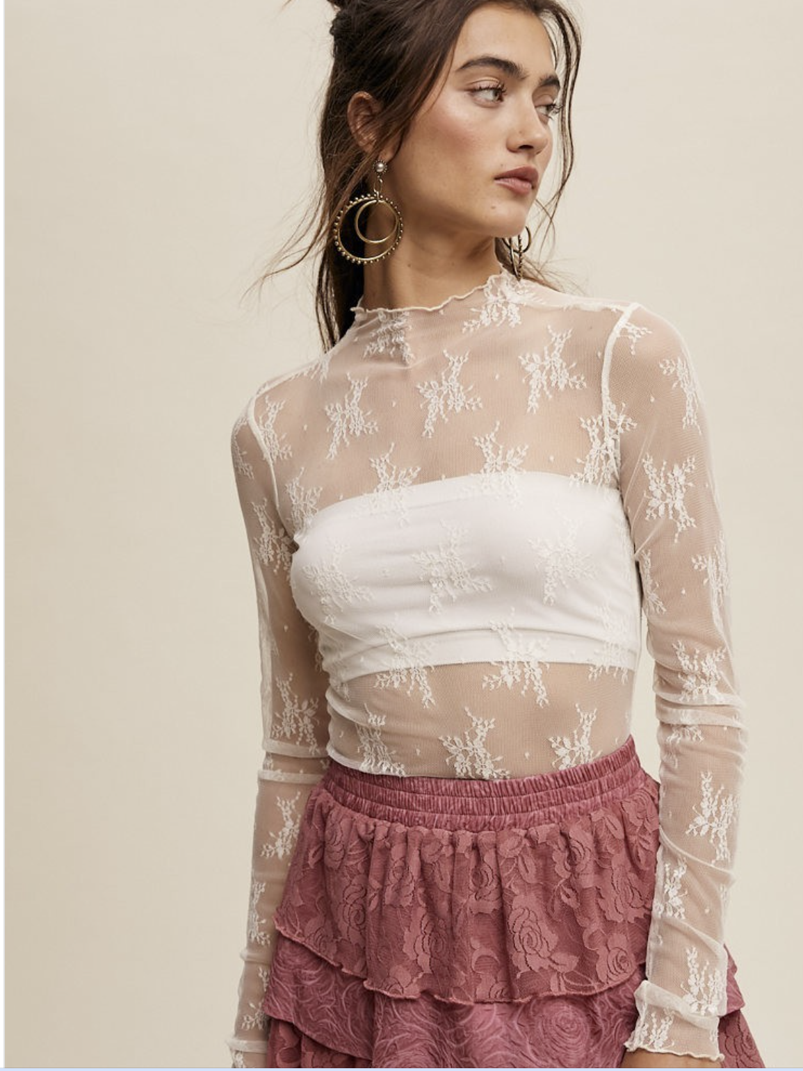 Lady Lux Layering Floral mesh Top-cream