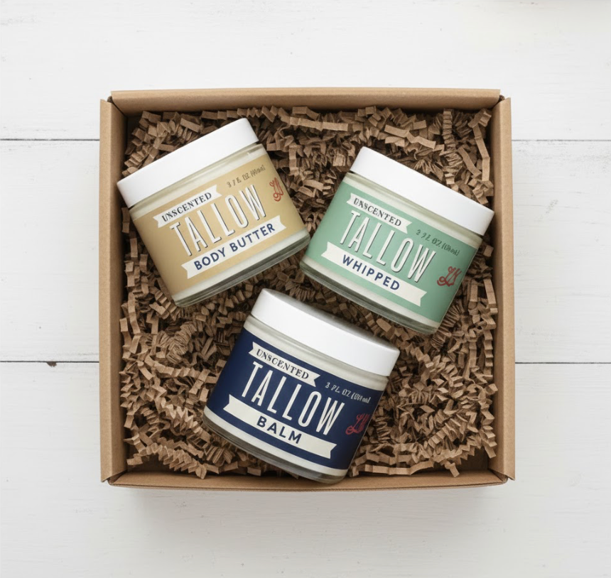 ONLINE EXCLUSIVE Unscented Tallow Skincare 9oz Trio - Whipped Moisturizer, Body Butter & Balm | Lady May Tallow