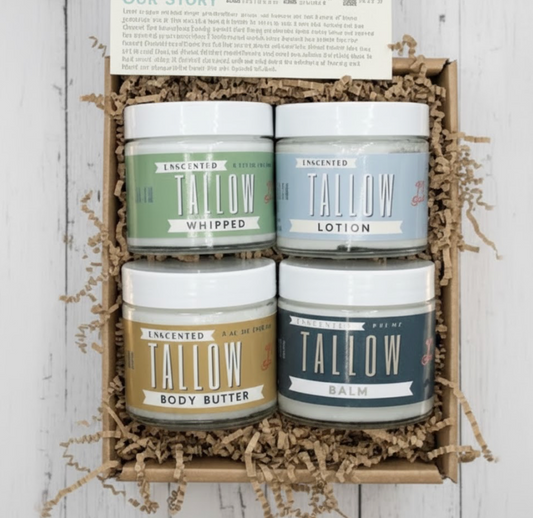 ONLINE EXCLUSIVE Unscented Tallow Skincare Collection | 4-Piece Gift Set | Grass-Fed Tallow Lotion, Body Butter, Balm & Whipped Moisturizer