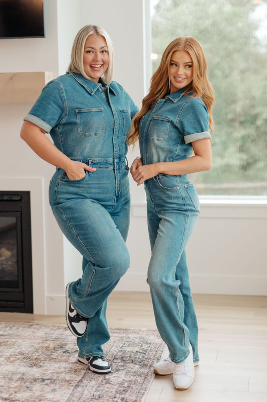 Online exclusive Judy blue Sylvia Short Sleeve Denim Jumpsuit