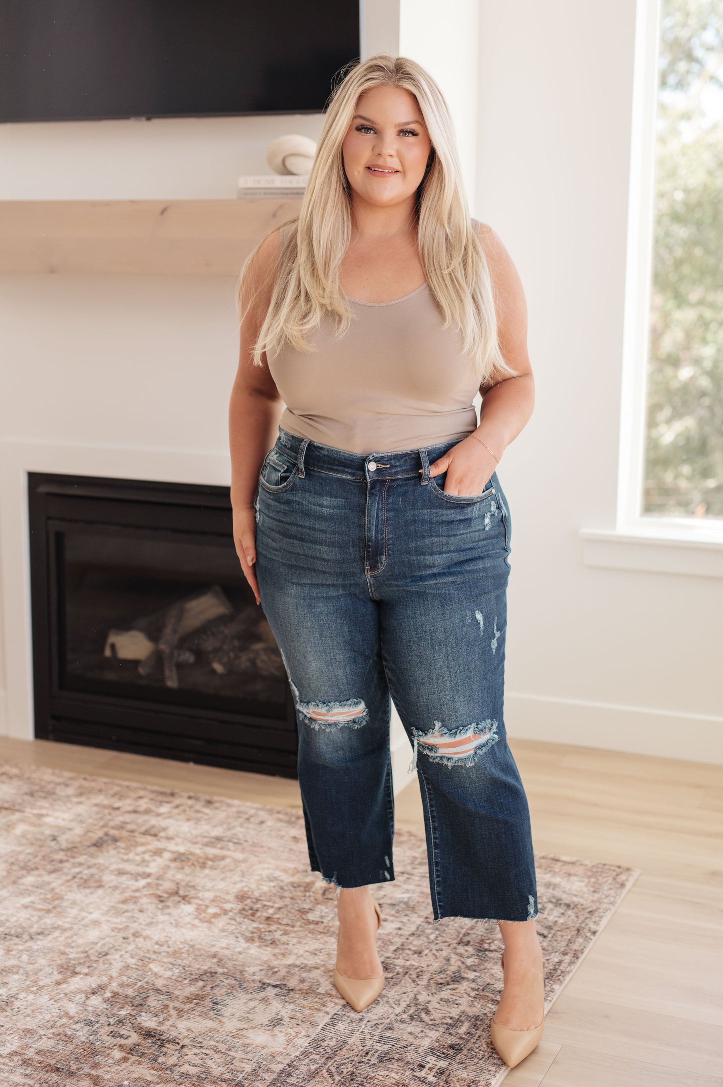 ONLINE EXCLUSIVE JUDY BLUE Whitney High Rise Distressed Wide Leg Crop Jeans