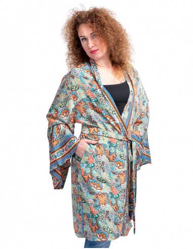 Handcrafted silk blend bell sleeve midi Kimono