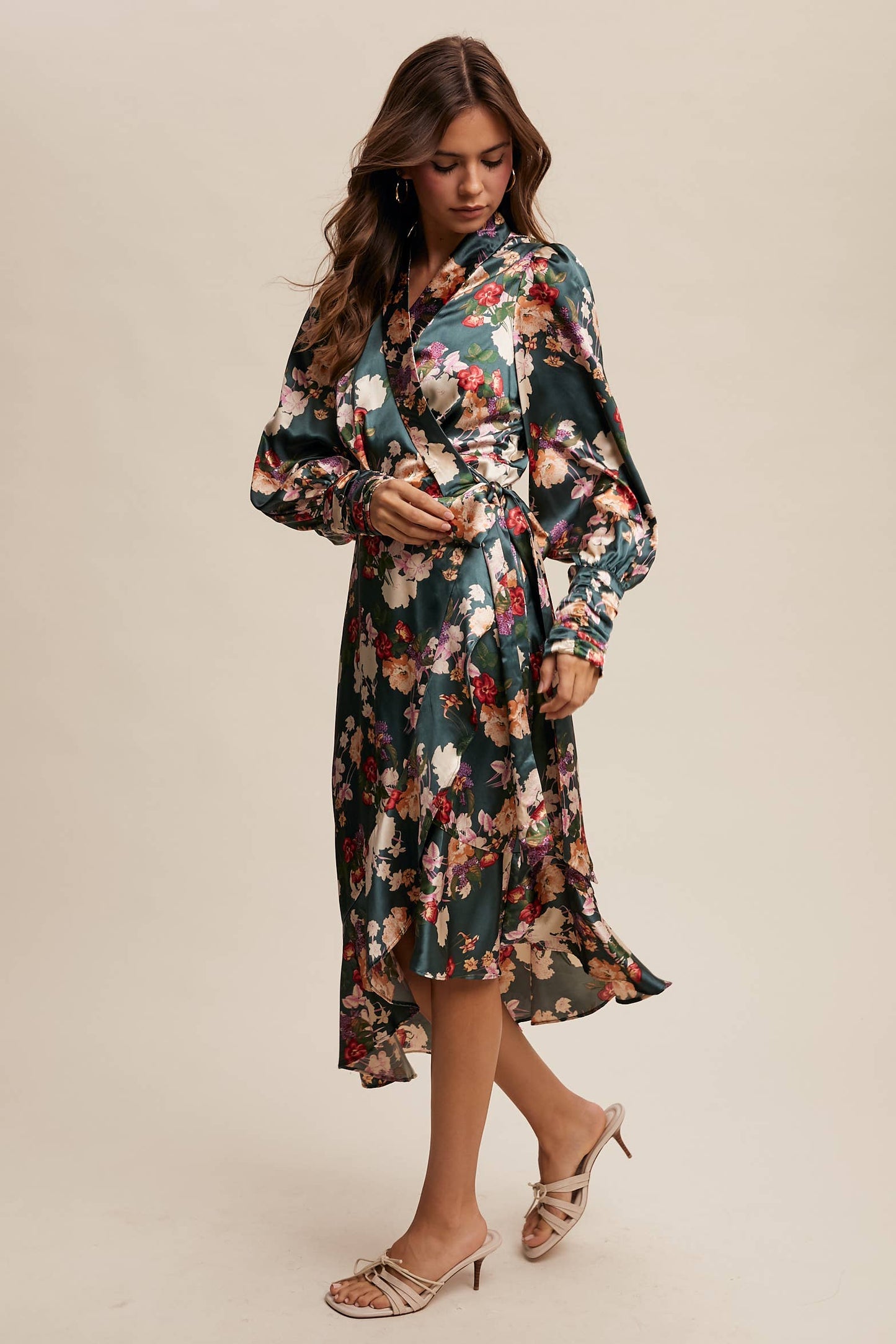 Enchanted Forest Satin Floral Wrap Midi Dress