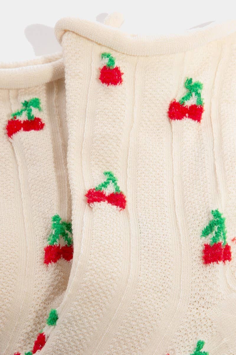 Cherry Embroidered Beige Socks