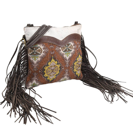 Brown Crossbody With Fring Fur Canvas And Zipper Closure