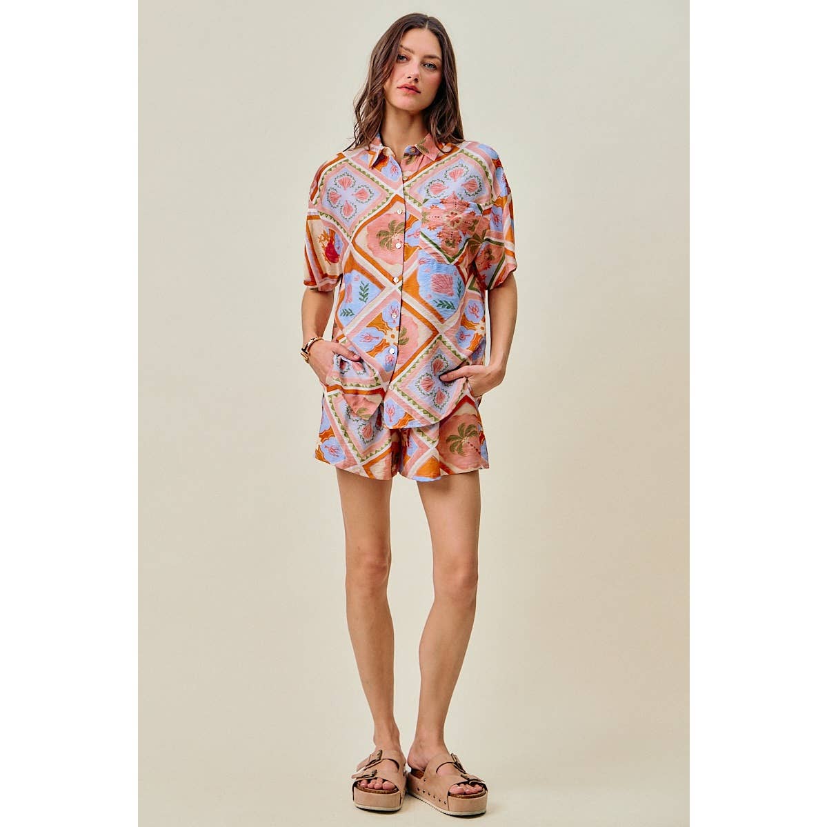 Frankie tropical print button down top