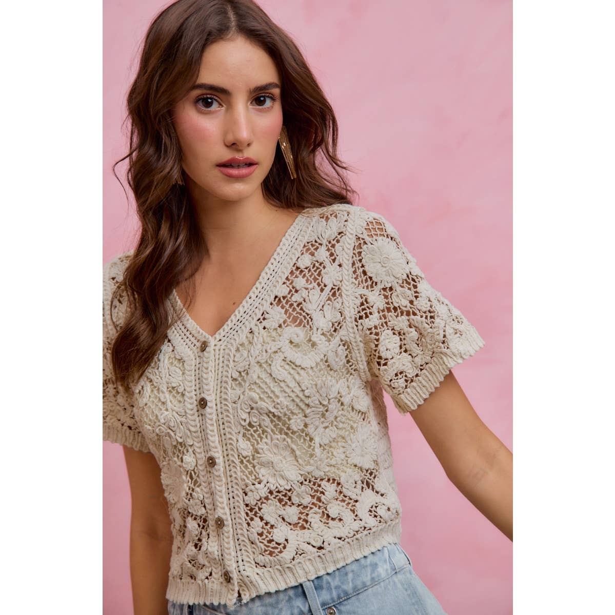 Devote Floral crochet lace button down top/cardigan