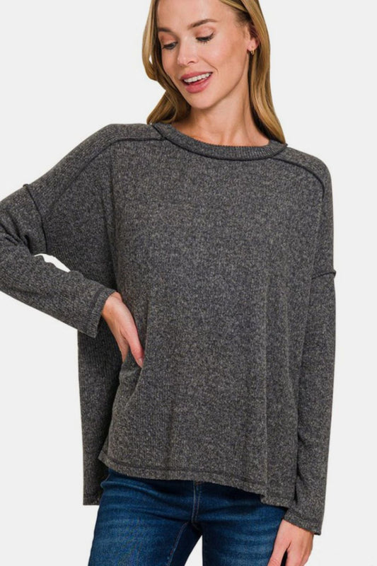 ONLINE EXCLUSIVE Zenana Exposed Seam Brushed Round Neck Sweater