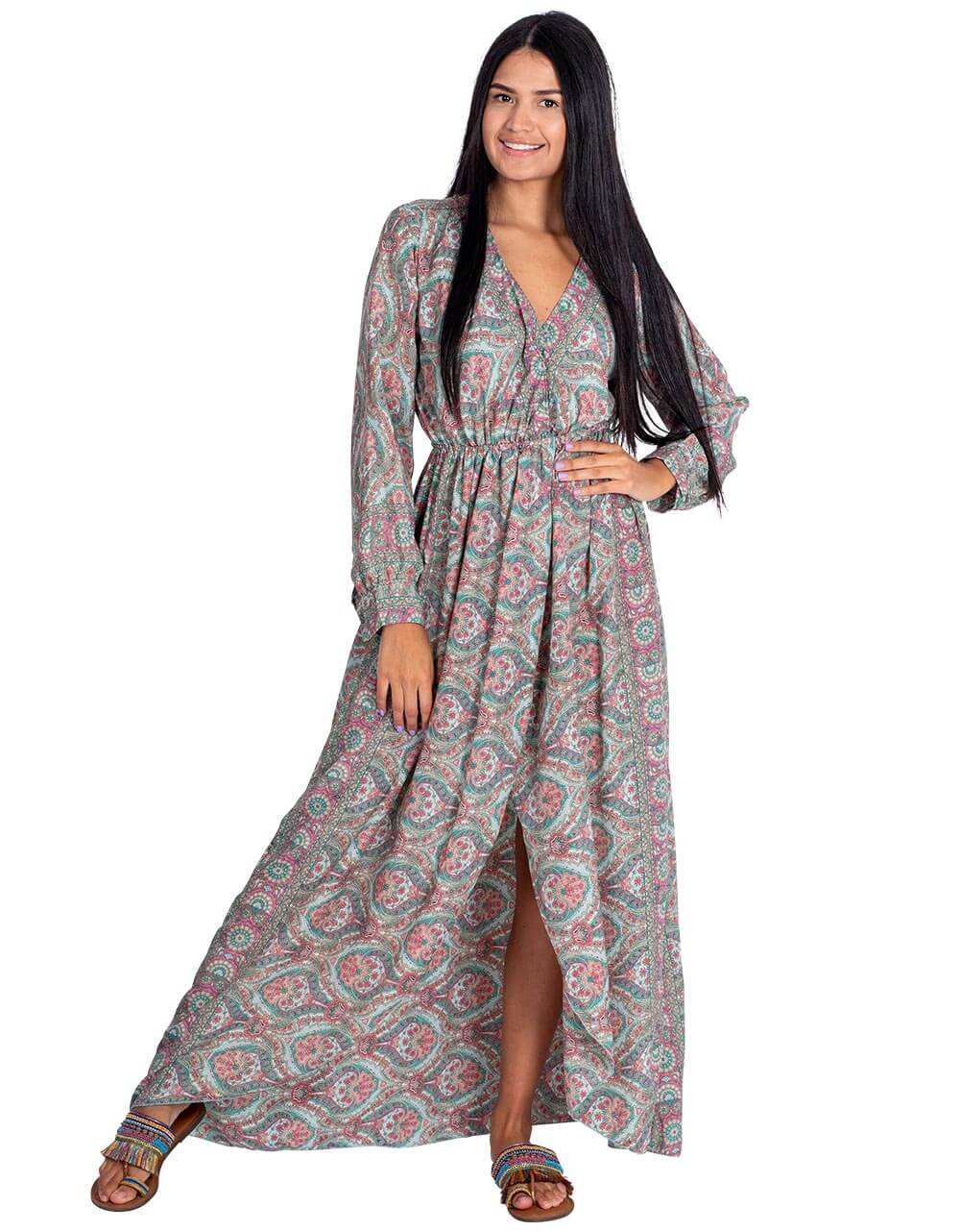 OS 0-16 Handcrafted Silk Blend Deep v maxi dress