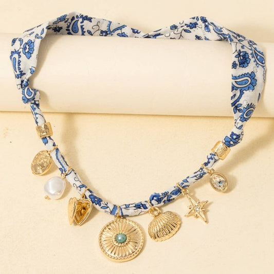 Mixed Charms Blue Paisley Bandana Necklace