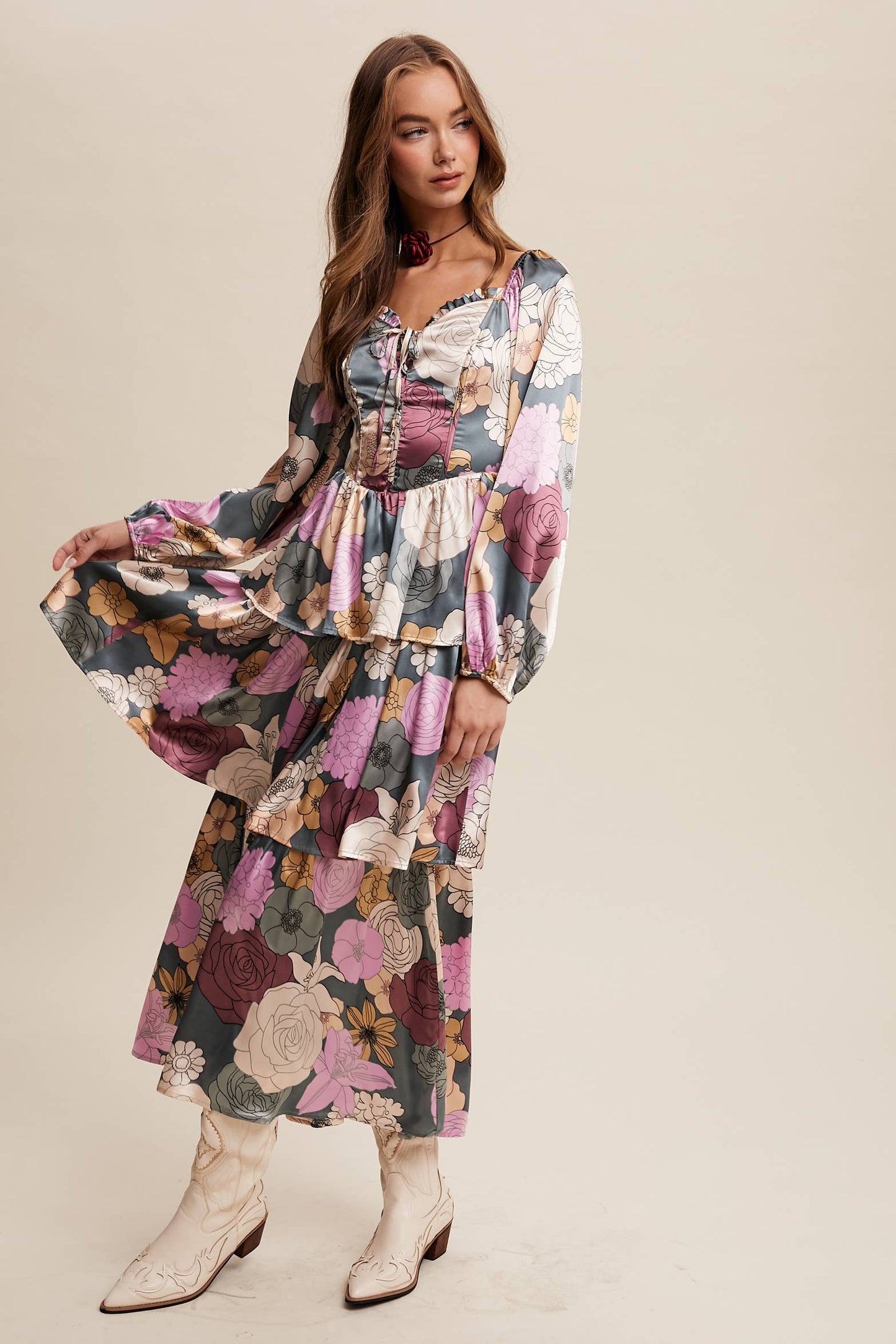 Jewel Floral Lace up tiered maxi Dress