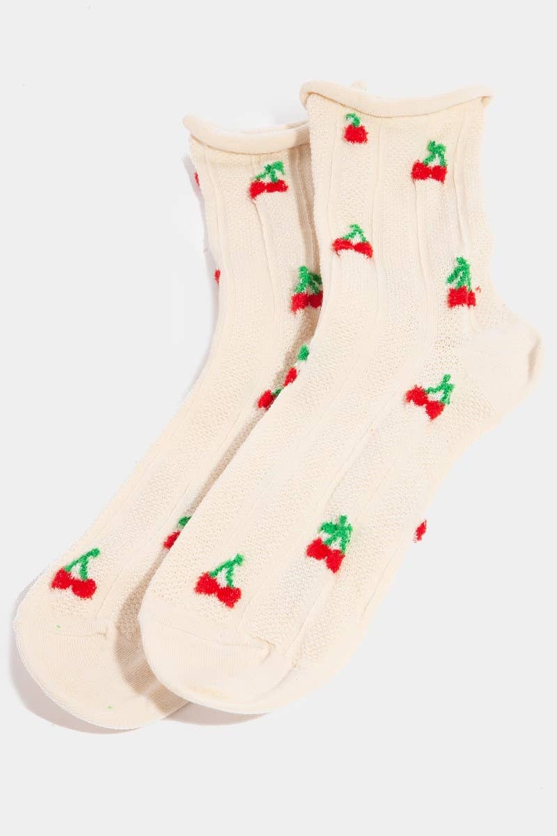 Cherry Embroidered Beige Socks