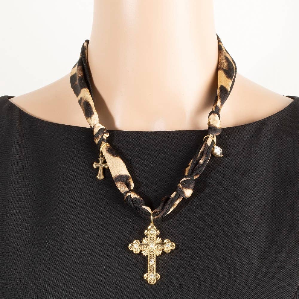 Cross Pendant And Charms Leopard Bandana Necklace