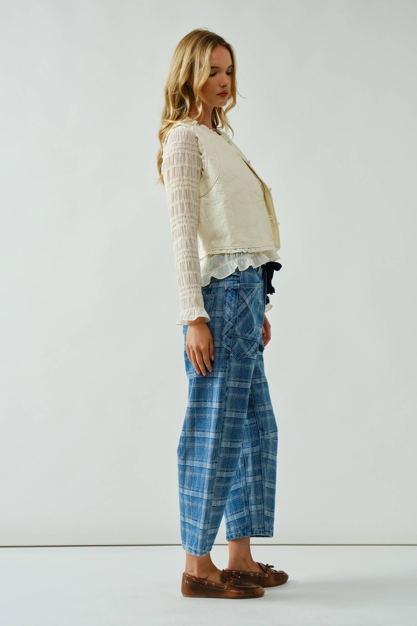 Ivy plaid semi barrel jeans with drawstring